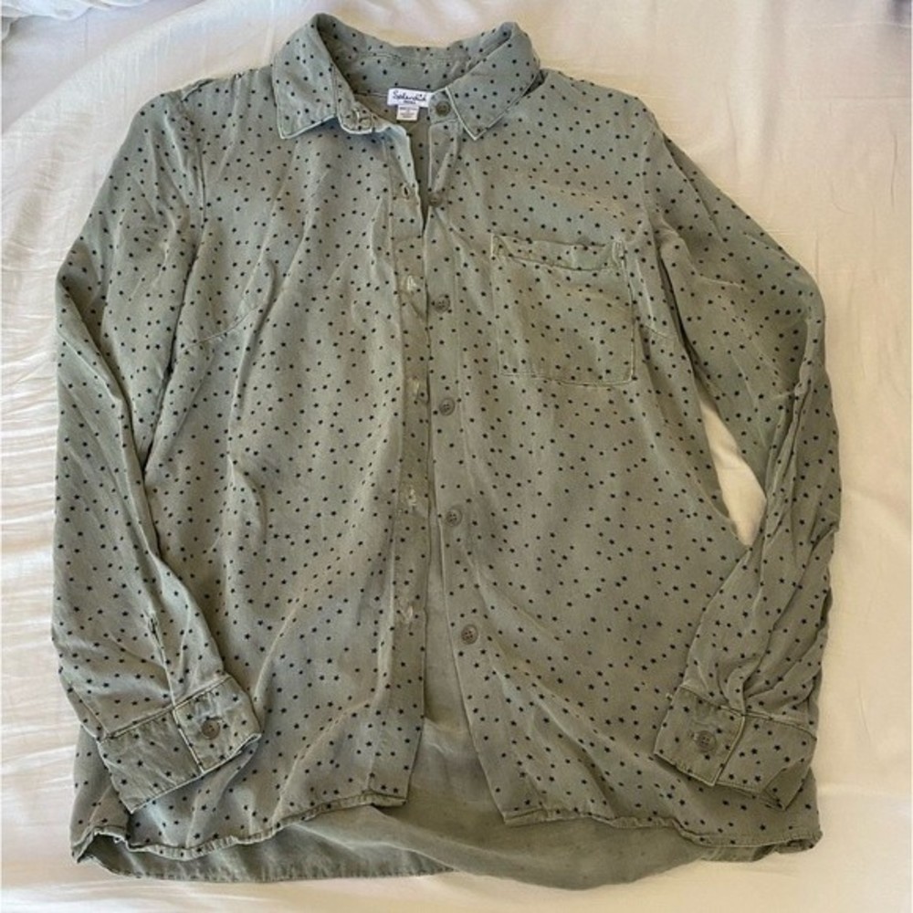 Splendid Women’s Button Down Shirt Gray With Dark Blue Stars Size S